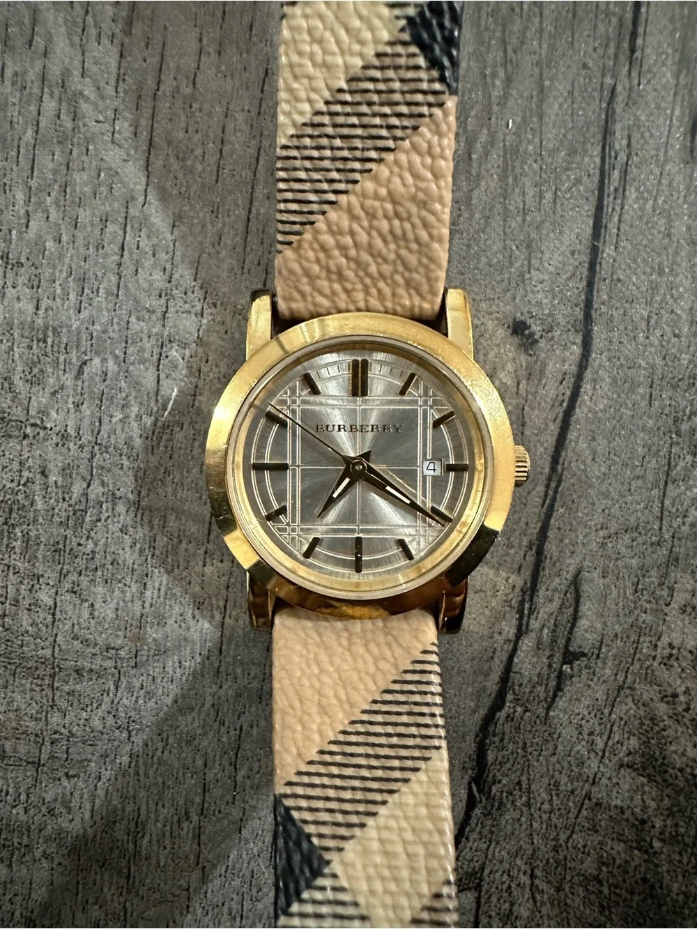 Burberry Beige and Black Plaid Gold-Tone Watch